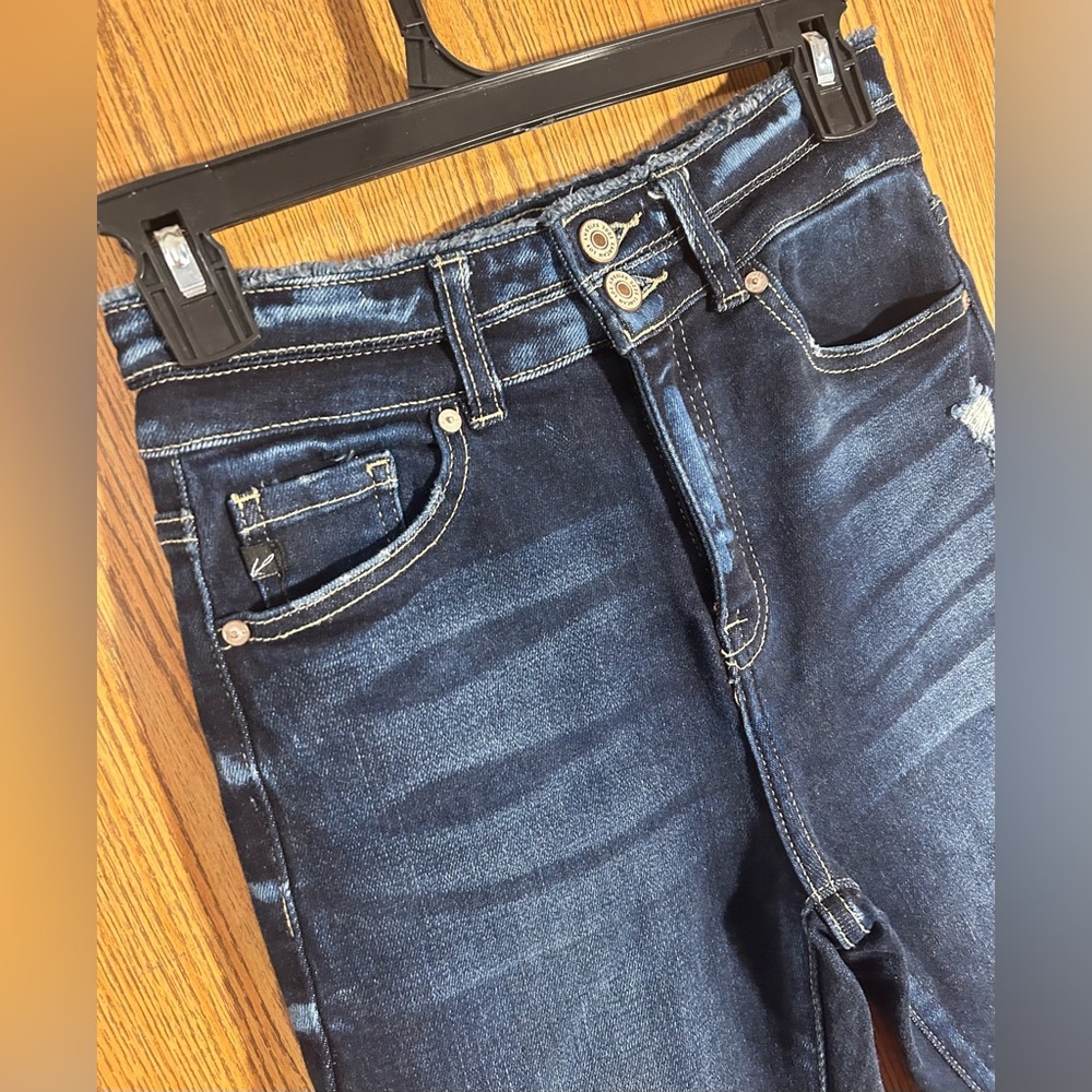 Kancan High Rise Raw Hemmed Flare Leg Distressed Denim Jeans - Picture 3 of 7